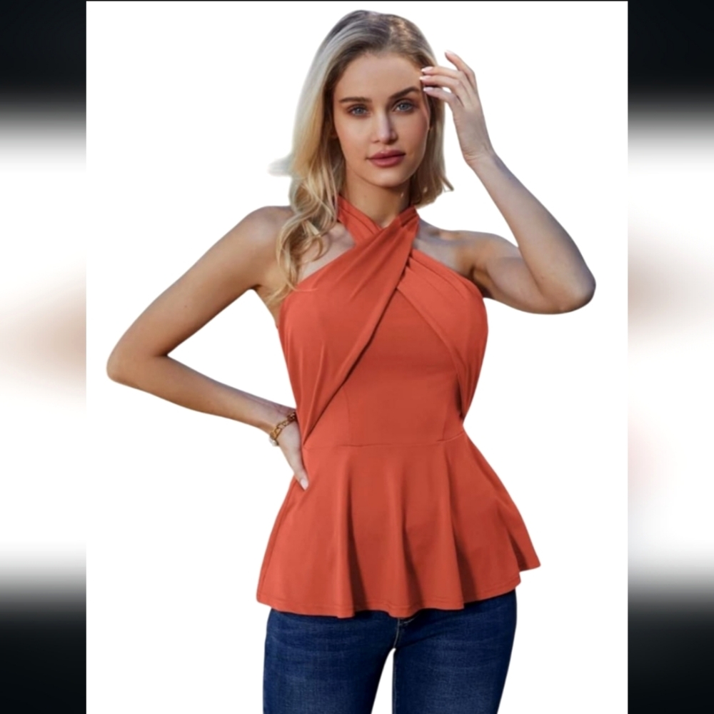 NWT Grace Karin Cross Over Halter Tank Top Peplum Burnt Orange Size Large